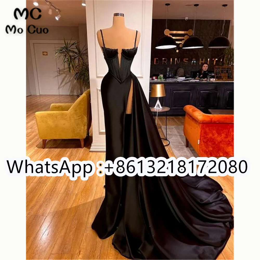 

2023 Black Prom Evening Dresses Long Beaded Pleat Ruched Side Slit Satin Robe De Soiree Sheath Party Prom Gown