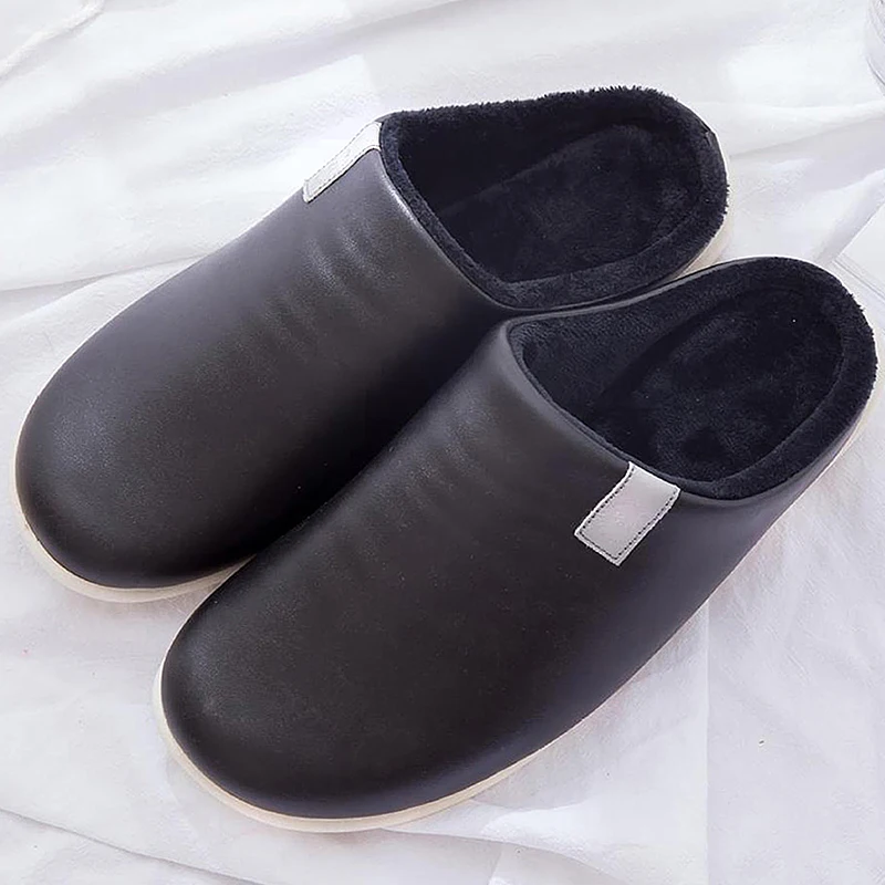 

Winter Warm Slippers Men Waterproof Plush Velvet Leather Slippers Cozy Cotton Home Slippers for Men Non Slip Soft Indoor Shoes
