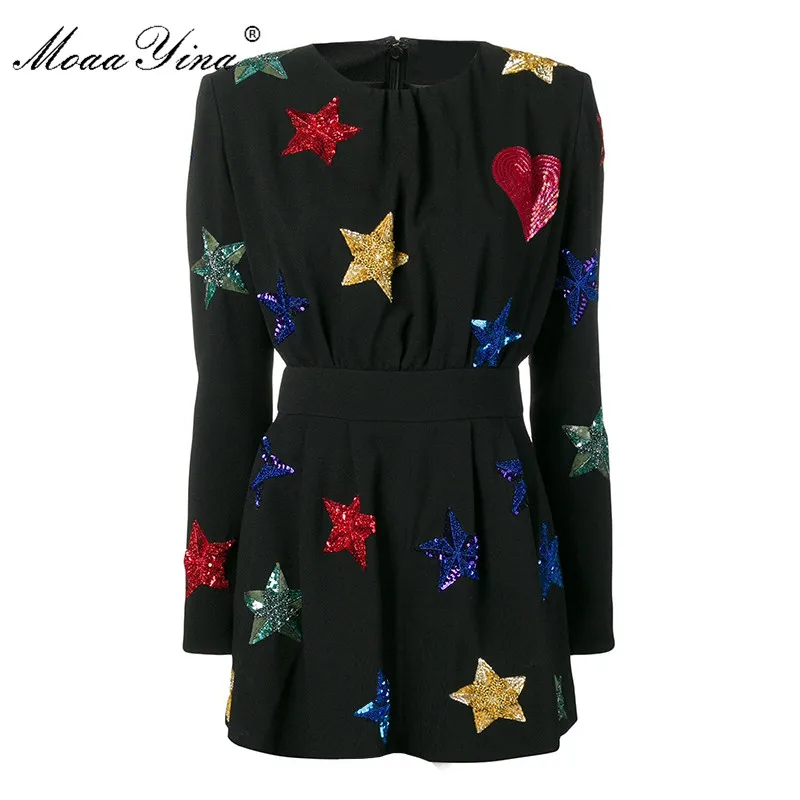 MoaaYina Fashion Designer dress Spring Autumn Women's Dress Long sleeve Pentagram Sequin Runway Dresses - Цвет: Черный