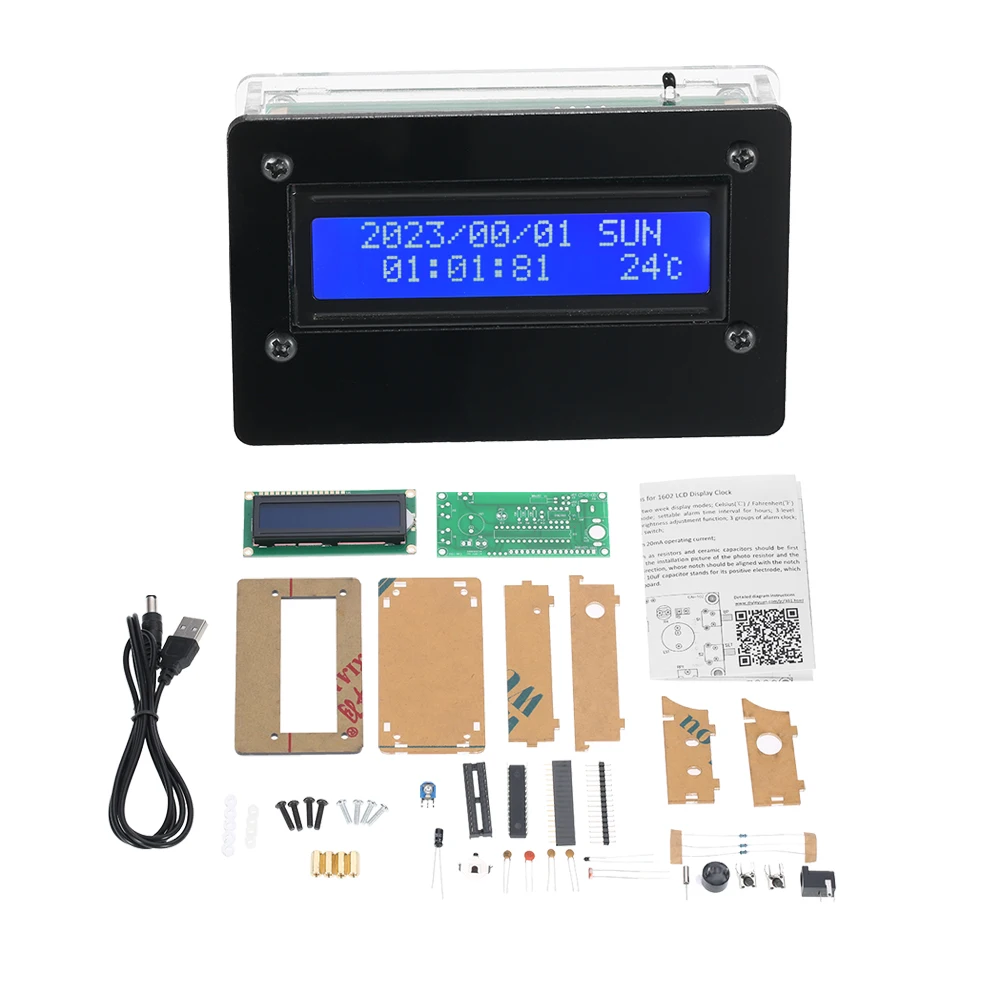 

NEW arrival 1602 LCD 3-channel Alarm Clock DIY kit Digital Clock Kit +Acrylic Case +USB Cable Time Temperature Date Week Display