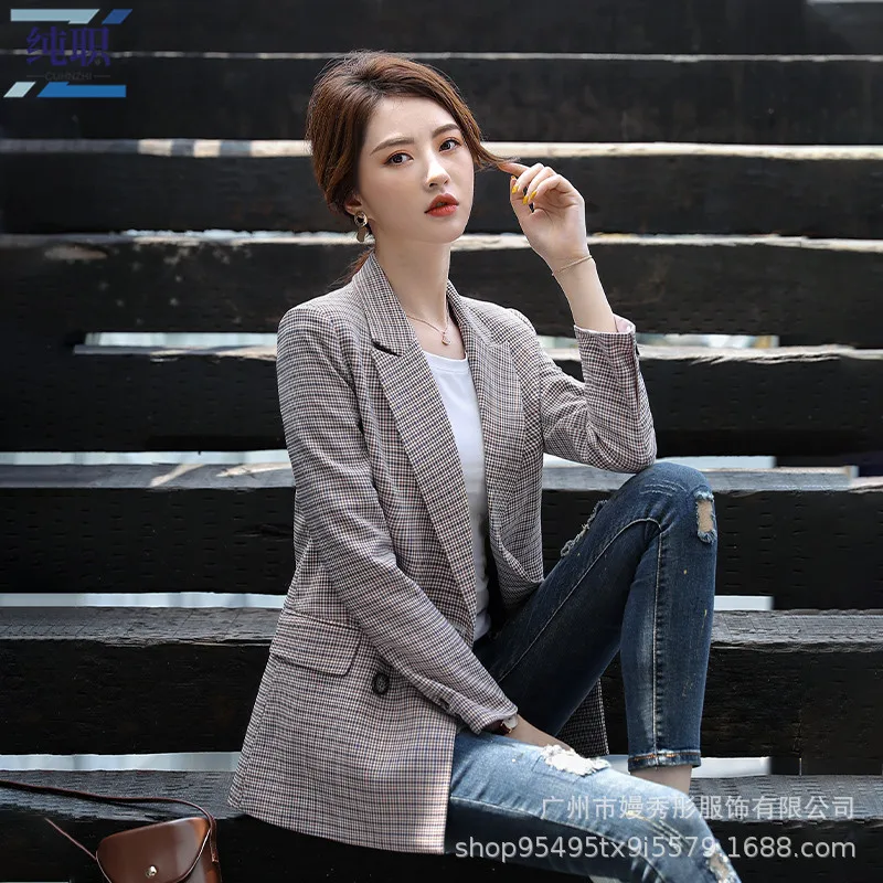 

Wear 2019 Autumn And Winter New Style Thousands of Birds Suit Jacket Women's Mid-length Ol Elegant Long Sleeve Small Suit