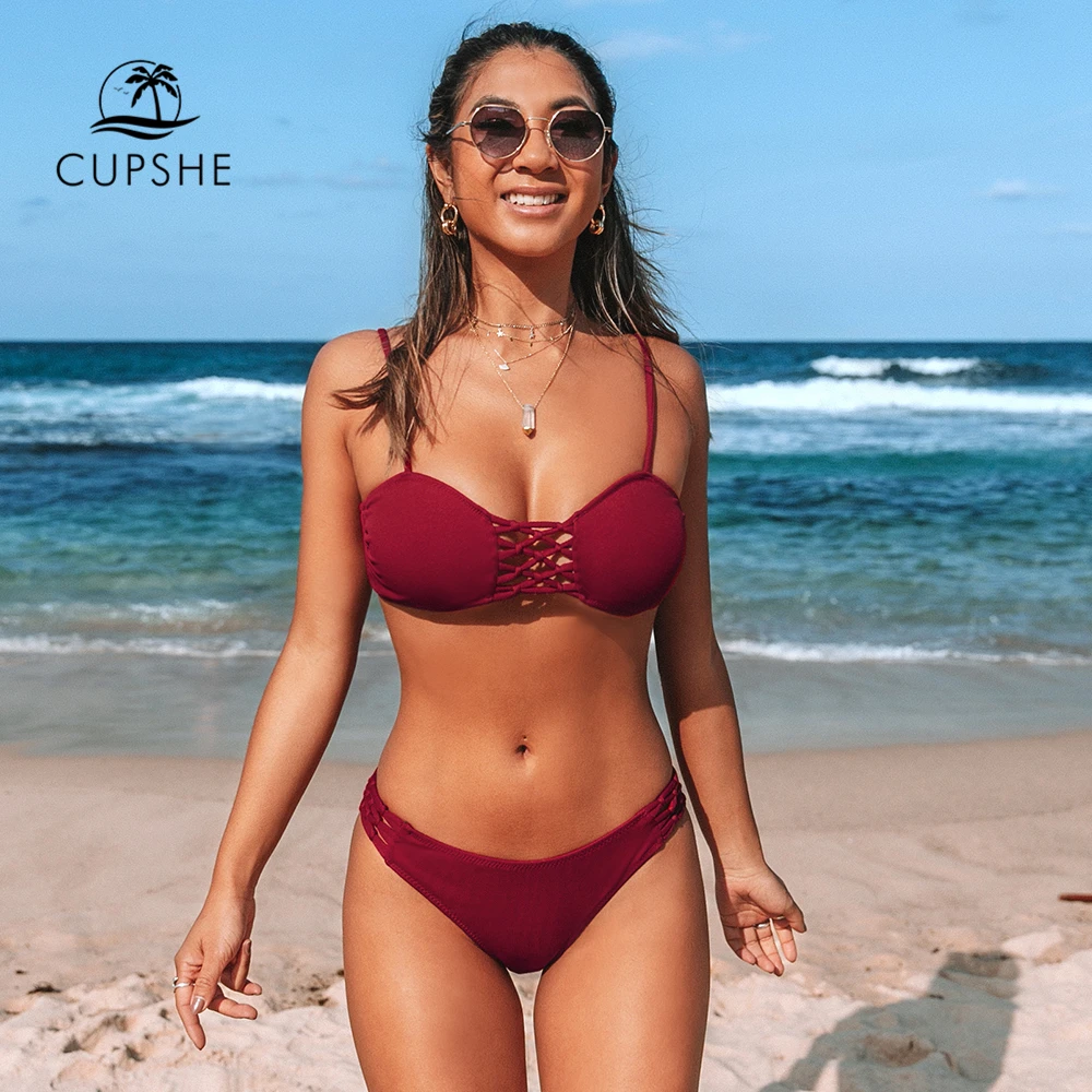 

CUPSHE Red Solid Crisscross Low-Waist Bikini Sets Sexy Cut Out Swimsuit Two Pieces Swimwear Women 2019 Beach Bathing Suit