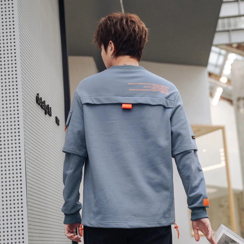 Cotton Fake Two Pieces Printed Men's Sweatshirts Patch Designs Mens Hoodies Male Loose Casual Round neck Hoodie Streetwear