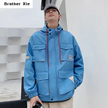 

Autumn New Tooling Jacket Men Fashion Contrast Color Casual Multi-pocket Hooded Jacket Streetwear Hip Hop Loose Bomber Jacket