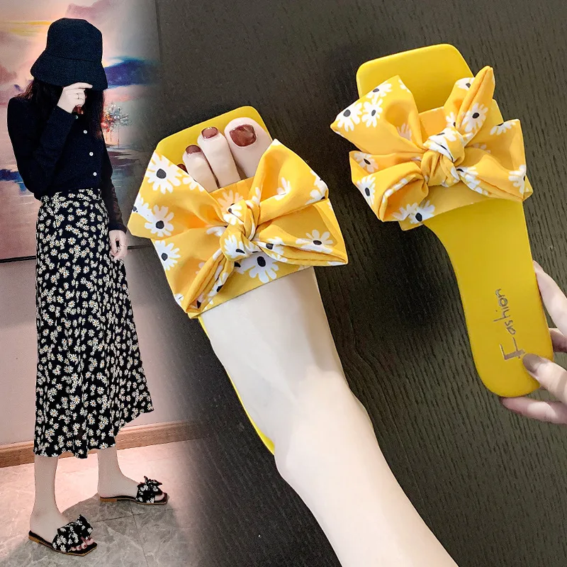 

Ladies New Slippers Summer Slippers Soft Bottom Bowknot Indoor Beach Seaside Flat Bottom Sandals and Slippers