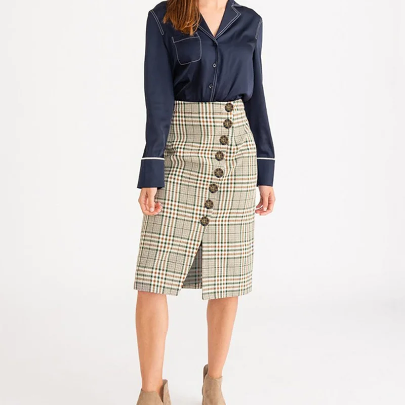 Винтажная Женская клетчатая юбка миди faldas mujer houndstooth пуговицы Ретро Женская одежда шикарные юбки faldas mujer moda