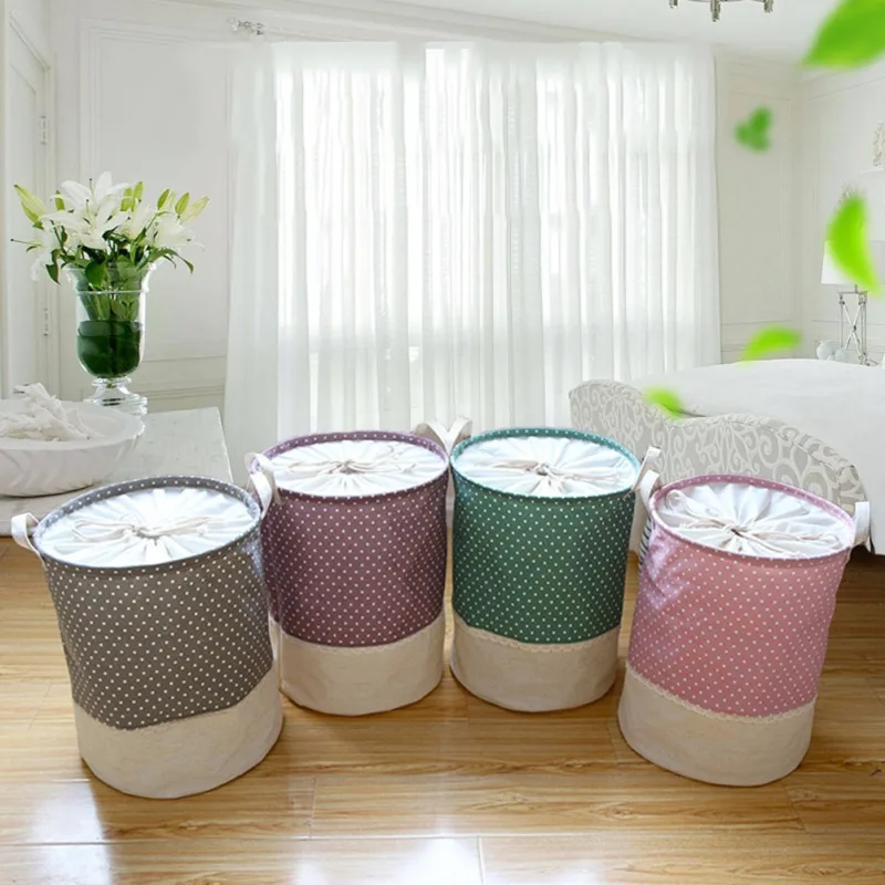 

Cotton Linen Stitching Laundry Basket Drawstring Type Waterproof Household Sundries Storage Basket With Handle