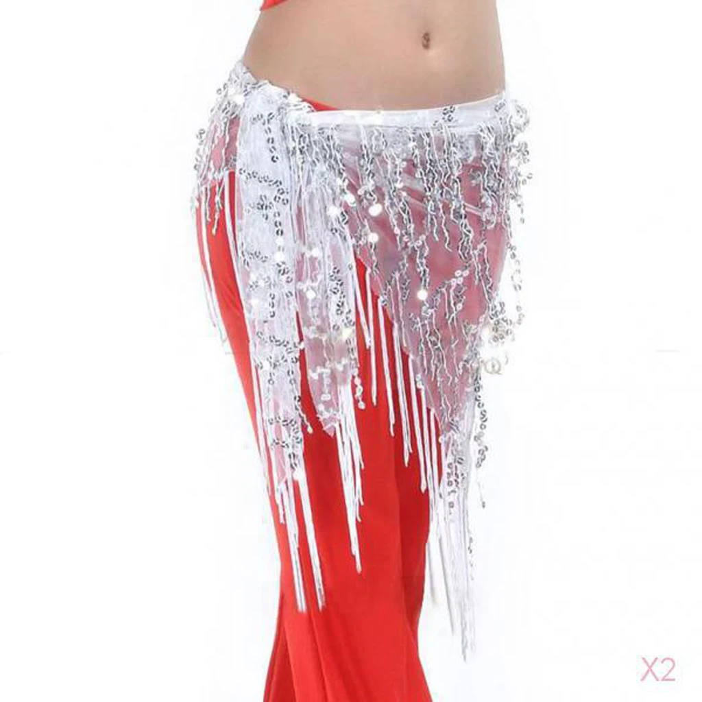 Lady's Belly Dance Sequins Triangle Hip Scarf With Tassel White
