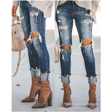 Women's Jeans Ripped Hole Stretch High Waist Pencil denim pants Skinny Vintage Denim Pants Boyfriend Elastic Trouser