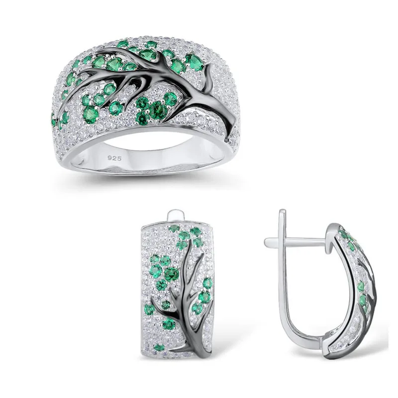 Promise-Silver-Jewelry-Set-for-Women-Shiny-Flower-Cherry-Branch-Green-CZ-Earrings-Ring-Set-925