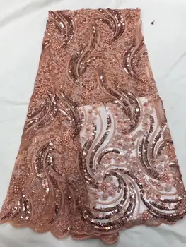 

French Net Lace Fabric 2019 Latest African Guipure Lace Fabric With Embroidery Mesh Tulle White Cord Sequins Lace Fabric Peach
