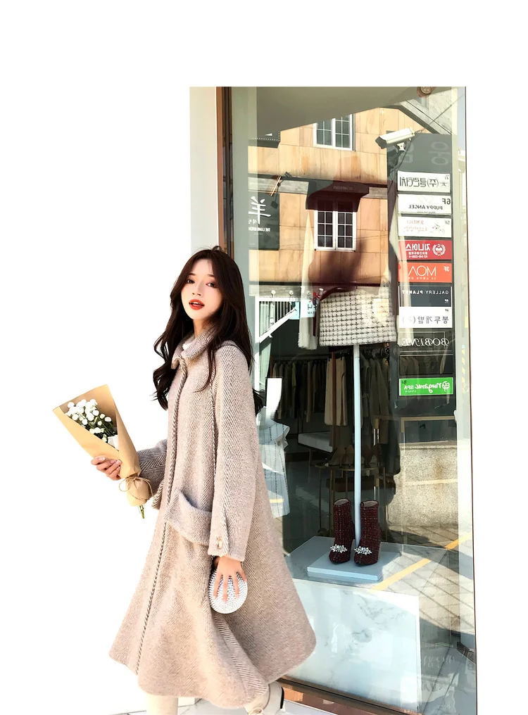 HANZANGL Korean Version Wool Coat winter jacket women long-sleeved Woolen Cashmere Coats Long Outwear beige/pink