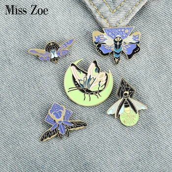 

5Styles Luminous Enamel Pin Custom Moth Butterfly Moon Brooches Bag Lapel Pin Cartoon Animal Badge Jewelry Gift for Kids Friends