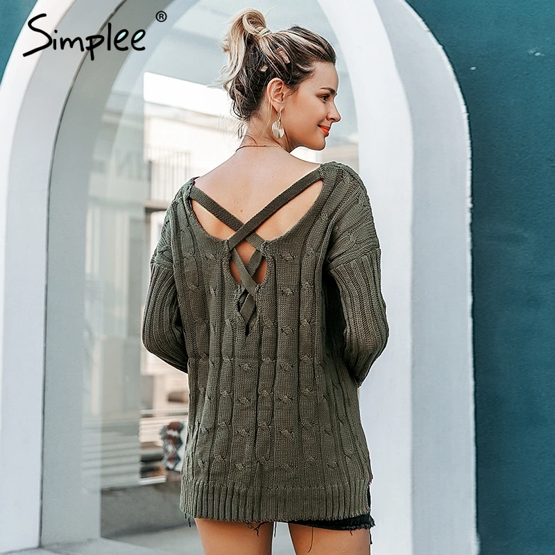 Kopen Simplee Herfst cross top Backless gebreide trui vrouwen 2018Oversized winter knitwear Losse jumpers witte trui