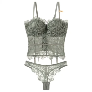 

Female Sexy Lace Bra And Brief Underwear Set Transparent See Through Lingerie Plus Size Skinny Push Up Top And Thong For Women