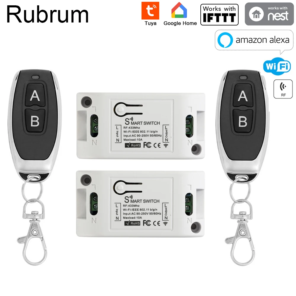 Rubrum Tuya RF WiFi Smart Switch 433Mhz Receiver Wireless Remote Control For Home Led Lamp Light Switches 10A 2200W | Обустройство