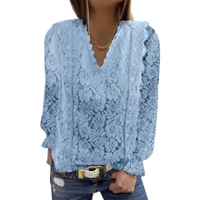 

Fashion Women V-Neck Tops Jacquard Lace Floral Casual Long Sleeve Spring Autumn Tee Classic Stylish Blouse Slim Fit Pullover