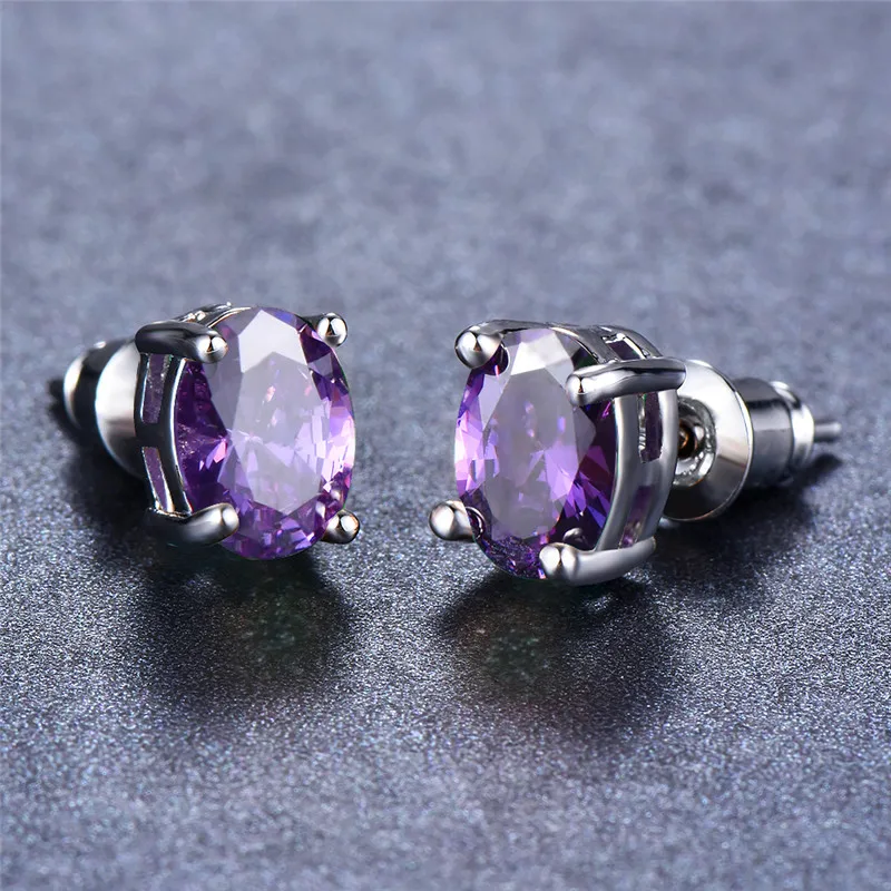 Purple Earrings Очаровательный, с мелкими драгоценными камнями красный синий камень мистическое Радужное огонь Кристалл Двойные серьги 925 серебро красочный Циркон Овальные серьги-гвоздики для женщин Cz - Окраска металла: Purple Earrings