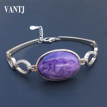 

VANTJ Big Stone Natural Charoite Bracelet 925 Sterling Silver oval18*26mm Women and Lady Wedding Engagment Party Gift Box