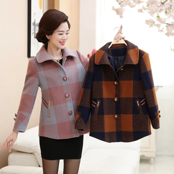 

2020 Women Vintage plaid coat High Quality Mother spring Short woolen coat Fashion Wool Blends Female Hot coat Plus Size 5XL