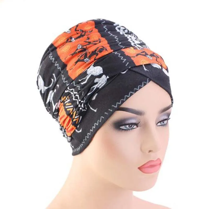 XEONGKVI KAfrica Национальный длинный хвост Skullies Beanies весна осень Индия тюрбан хлопковые шапки для женщин помпон зимняя вязаная шапочка - Цвет: black orange