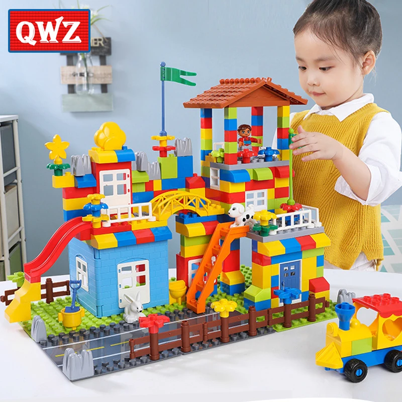 

QWZ Big Particle Race Run Slide Blocks Compatible Duploed Legoingly City House Castle Building Blocks Brick Toy For Children