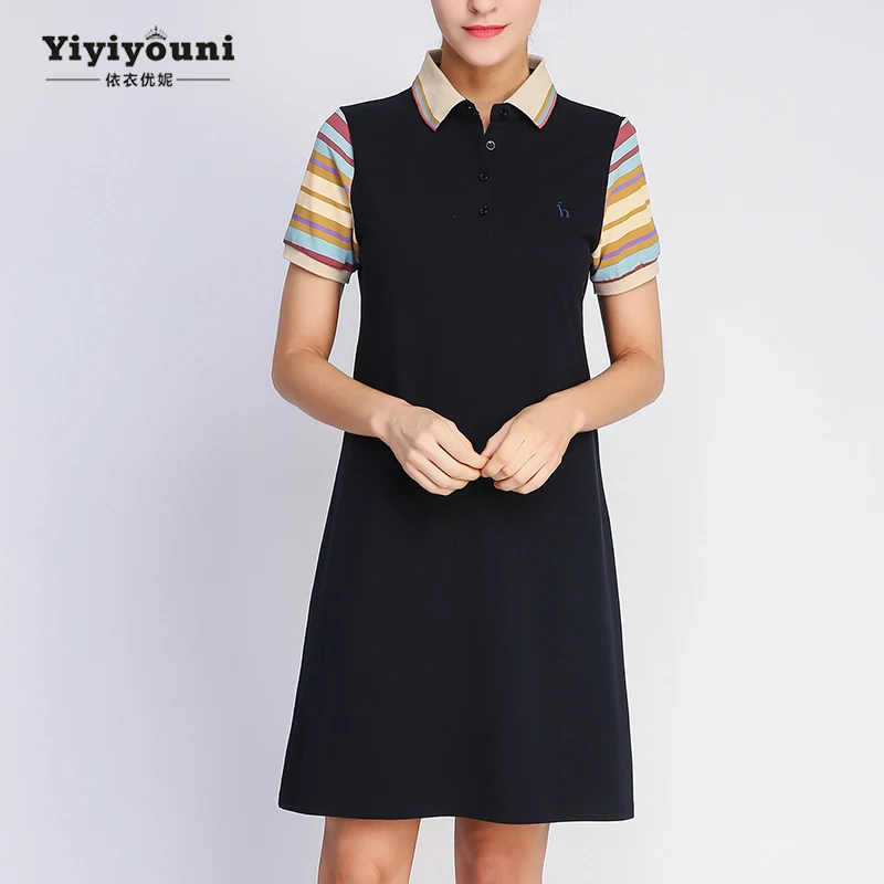 

Summer Dress 2019 Polo T-Shirt Embroidery Colorful Sleeve Button Thread Female Dress Sweet Elegant Casual Straight Dress Women