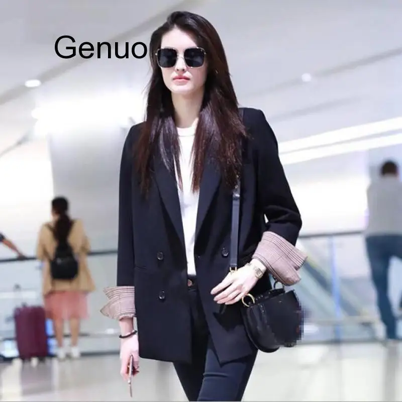 Classic Double Breasted Solid Blazers Women Casual Long Blazer Jacket Office Lady Vintage Suits Coats Female Spring