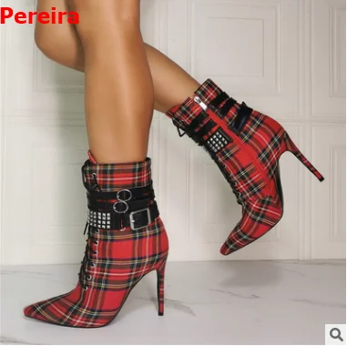 clásicas de cuadros escoceses para mujer, con remaches y estampado puntiagudo, tacones altos y hebilla de Metal con cordones|Botas hasta el tobillo| - AliExpress