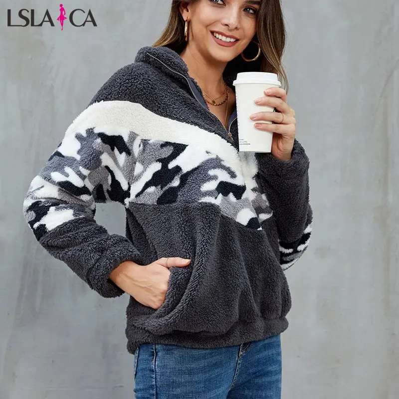 Women hoodies sweatershirts long sleeve printing Camouflage Military splicing women hoodies pullover zipper pocket women clothes