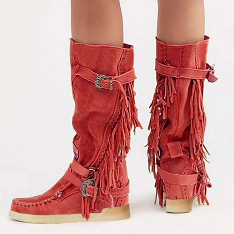 Oeak Autumn Winter Women Boots Tassel Boots Female Ladies Height Increased Low Heel Shoes Lady Mid Calf Slip On High Boots