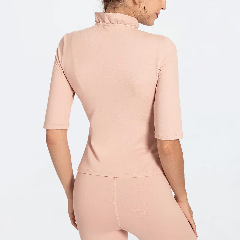 Sexy Women Yoga Top Sport Five-Point Sleeve Yoga Shirt Chinese Wind Collar Design Solid Quick Dry Breathable Gym Fitness Shirt