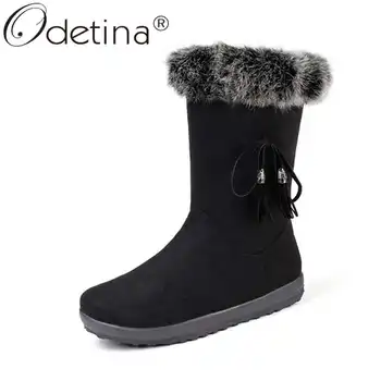 

Odetina Women Fashion Faux Suede Fringe Rabbit Fur Mid Calf Boots Female Retro Side Zipper Hidden Low Heel Round Toe Snow Boots