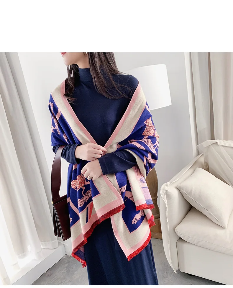 Luxury Winter Cashmere Scarf For Women Warm Pashmina Shawls and Wraps Fashion Chain Animal Print Kerchief Scarves For Lady