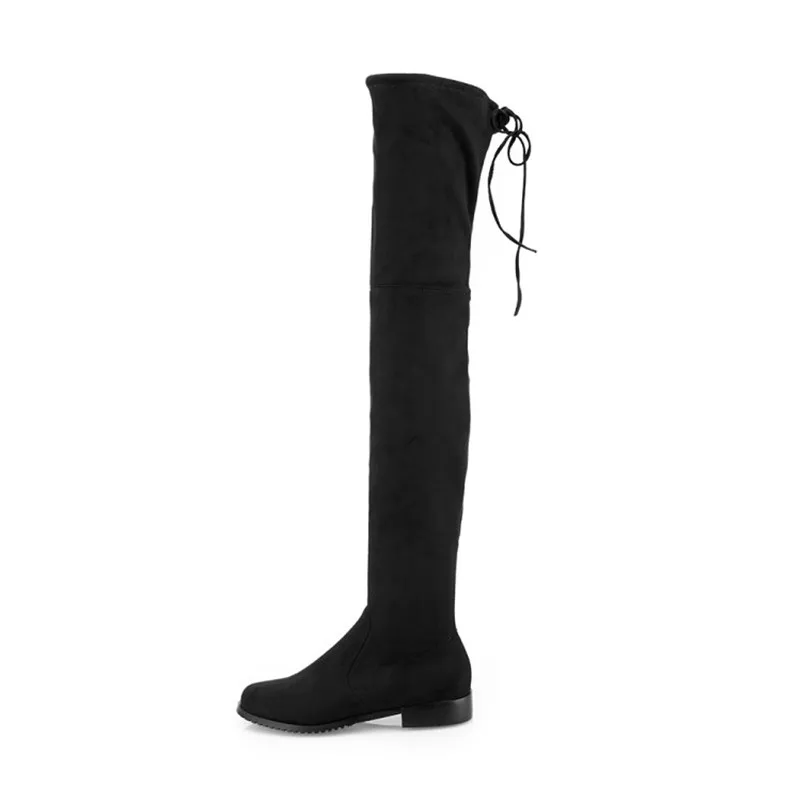 Ladies Shoes Square Low Heel Women Over The Knee Boots Scrub Black
