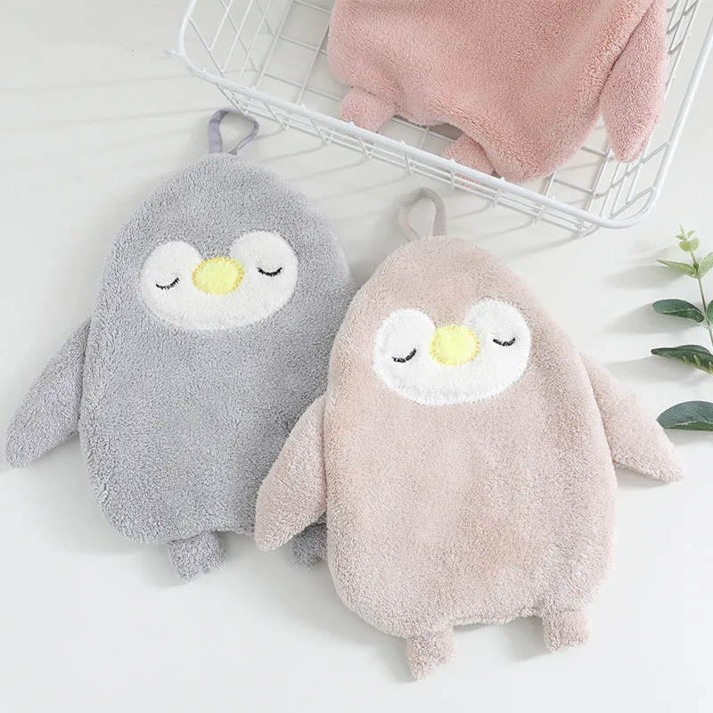24x18cm Lovely Cartoon Penguin Hand Towel Soft Coral Velvet Absorbent Hanging Home Kitchen Cloth Kids Gift