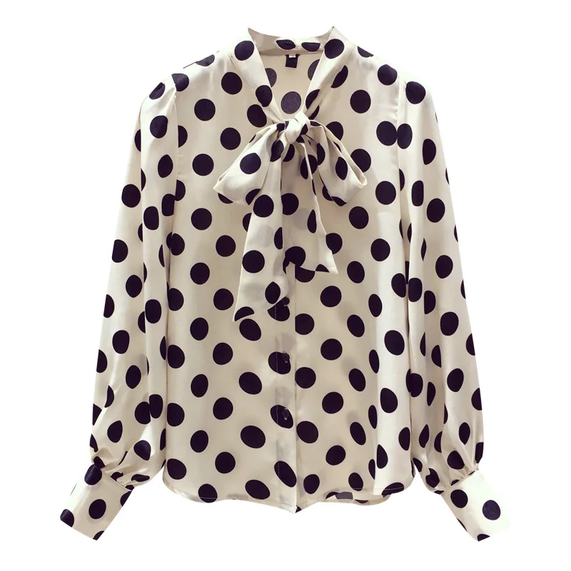 

2019 New Polka Dot Women Tops And Blouses Shirts Bow Collar Lantern Sleeve Loose Blouse