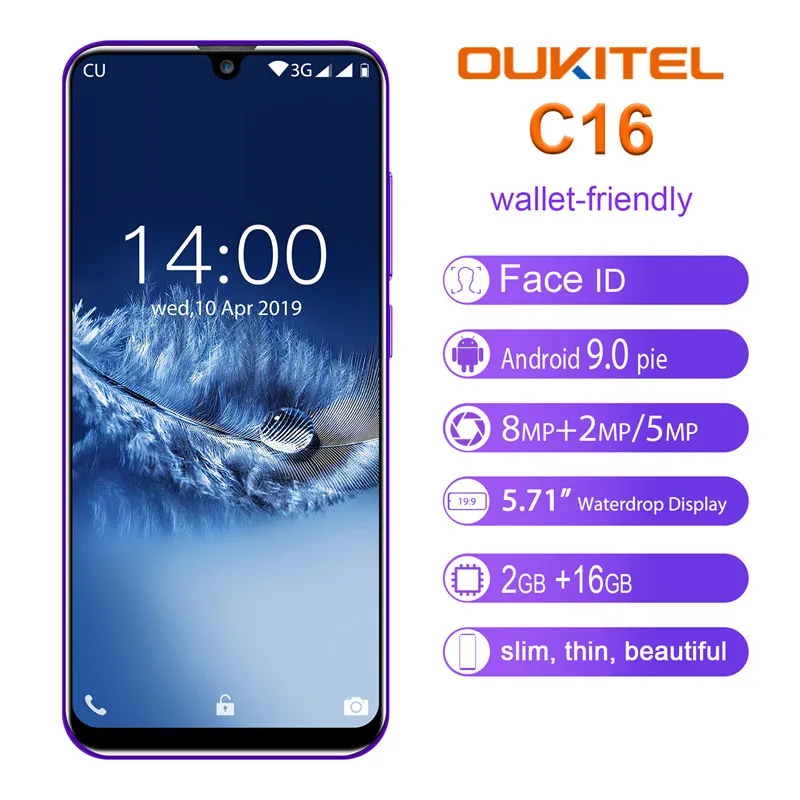 OUKITEL C16, 5,71 дюйма, 19:9, дроп, смартфон, Android 9,0, MT6580P, 2G ram, 16 ГБ rom, 2600 мАч, отпечаток пальца, двойная задняя камера, мобильный телефон