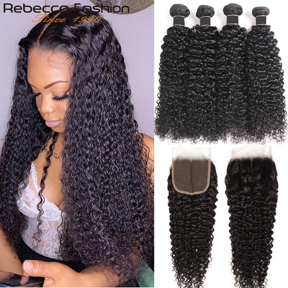 Rebecca-extensiones de cabello humano brasileño Remy, mechones rizados con cierre, 3 mechones