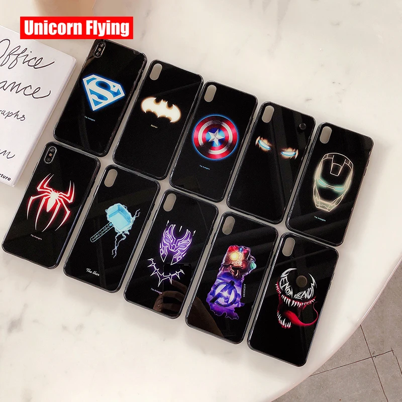 

LinXiang Marvel Avengers Venom Thor Luminous Tempered Glass Phone Case Back Cover For iphone 6 6s 7 8 Plus X XS Max XR 11 Pro