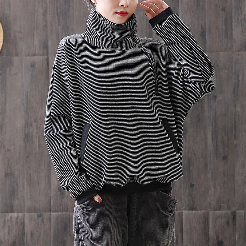 Max LuLu, зимняя модная Корейская одежда, женские панковские топы, женские полосатые футболки с высоким воротом, Повседневная Уличная одежда размера плюс, футболка