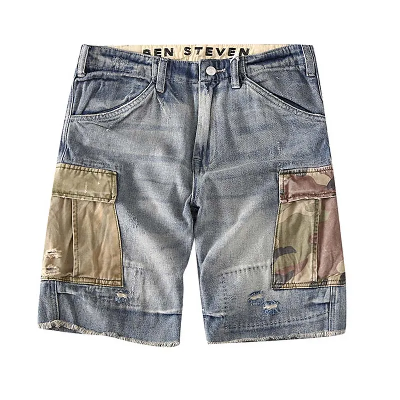 Mcikkny Men Cargo Camouflage Denim Shorts Multi Pockets Washed Jeans