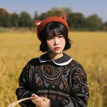 

Fashion Women Solid Color Cats Ears Beret Cap Winter Warm Woolen Painter Hat mushroom cap Clothing Accessory Female Xmas Gift