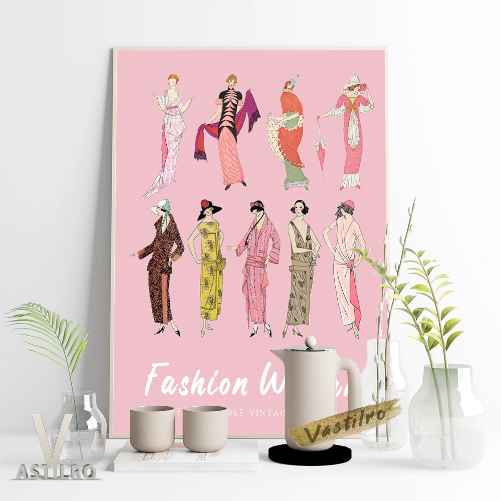 

Fashionable Vintage Dress Illustration Poster Fashion Woman Clipart Pattern Prints Canvas Painting Office Studio Wall Art Decor