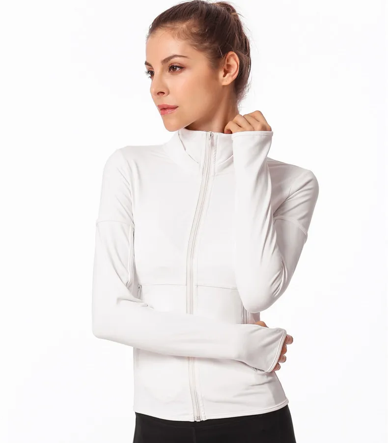 Новая одежда для фитнеса тонкая молния одежда для йоги Топ бегущий длинный рукав, для йоги одежда куртка женская - Цвет: Белый