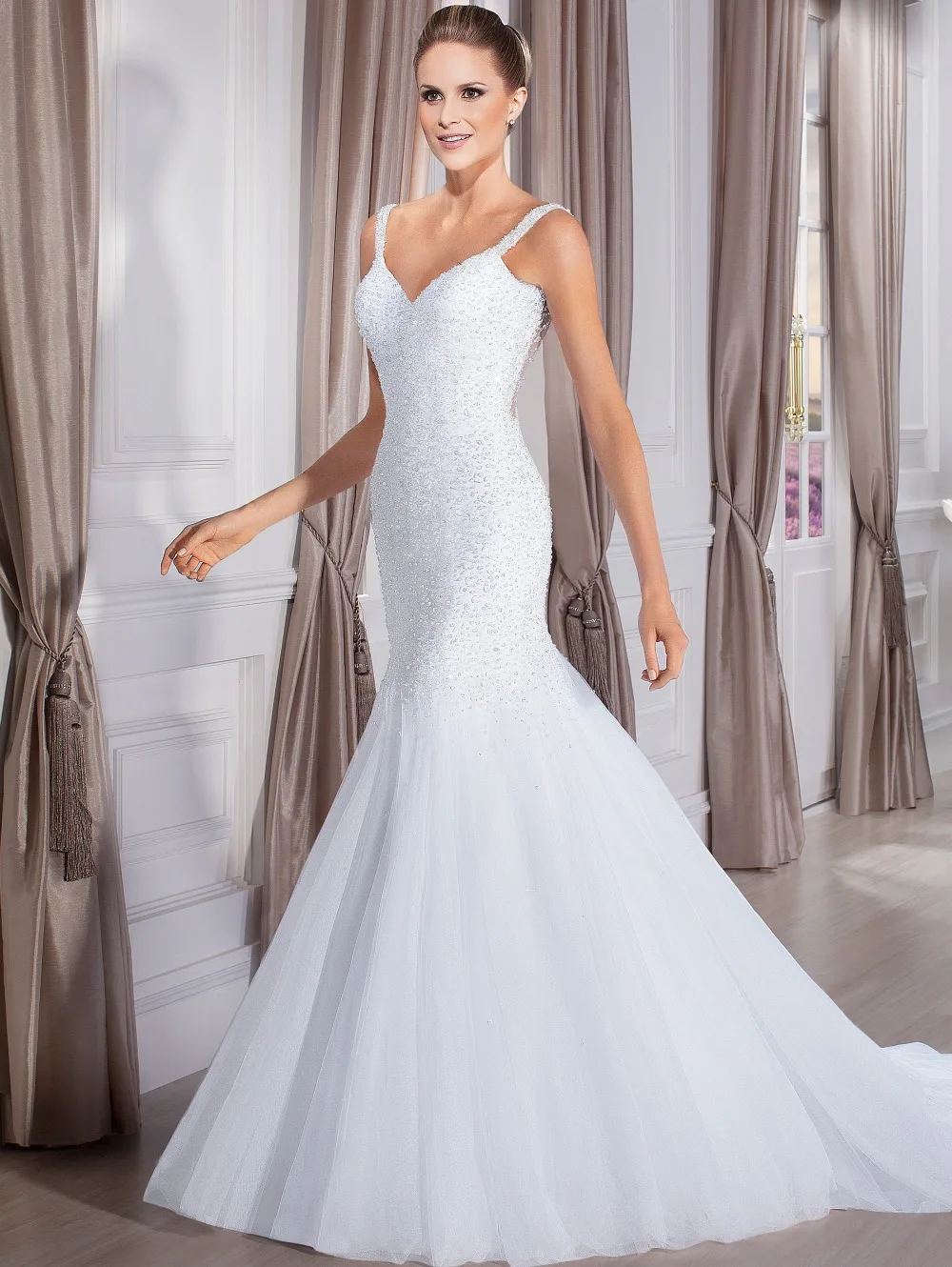 

Free Shipping beaded sexy mermaid wedding dress bride dresses 2015 marriage bridal gown vestido de casamento sereia H02