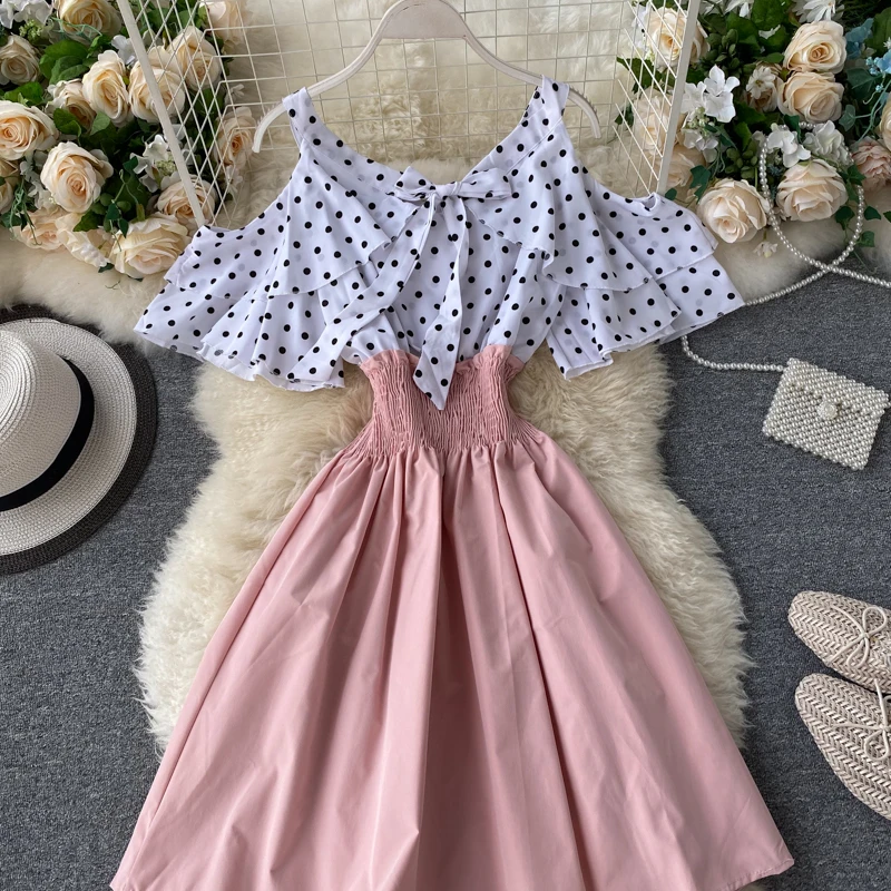 Boho Ruffles sexy Off shoulder polka dot print patchwork Summer short Dress Women slim waist dress casual a-line beach dress
