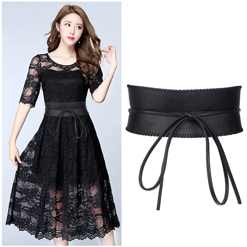 

Wide Belt Black PU Leather Female Obi Style Waistband Self Tie Waist Belt Corset Belt Super Wide Dress Bowknot Fashion Waistband