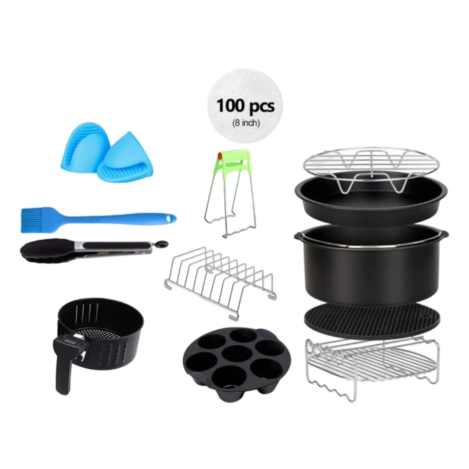 12pcs/set 20cm Air Fryer Accs Kits 4.2QT-6.8QT Deep Fryer Pizza Pan Baking Pan Silicone Mat Plate Gripper