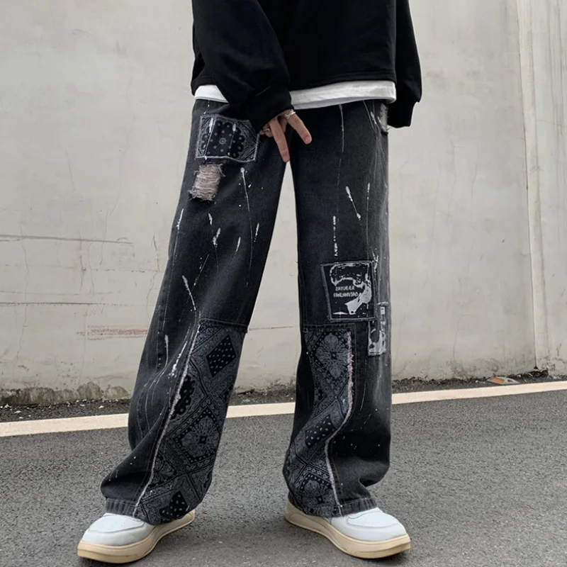 Ripped Black Men Jeans Loose Streetwear Patch Straight Pants Hip Hop Pants Denim Vintage Trousers Male Casual Patchwork Clothing 2